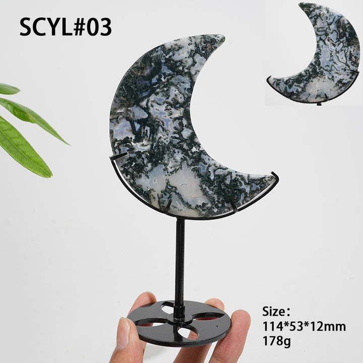 Unique,Natural Crystal Exquisite Moss Agate Moon With Stand