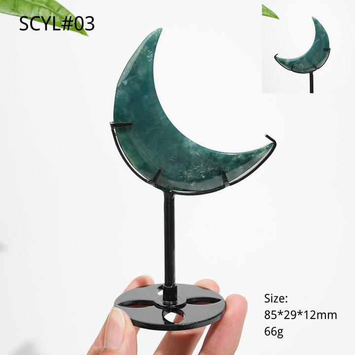 Unique,Natural Crystal Moss Agate Moon With Stand