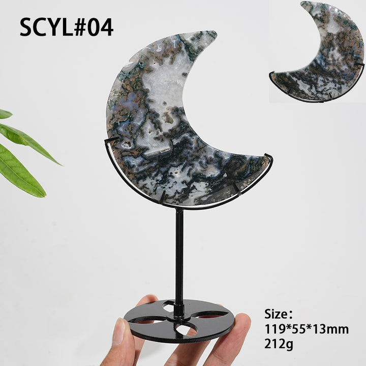 Unique,Natural Crystal Exquisite Moss Agate Moon With Stand