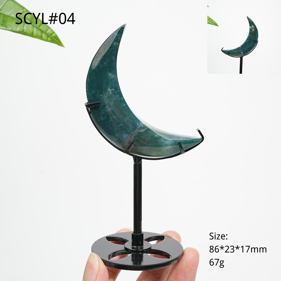 Unique,Natural Crystal Moss Agate Moon With Stand