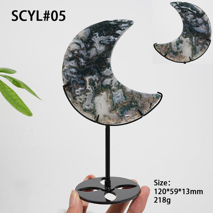 Unique,Natural Crystal Exquisite Moss Agate Moon With Stand