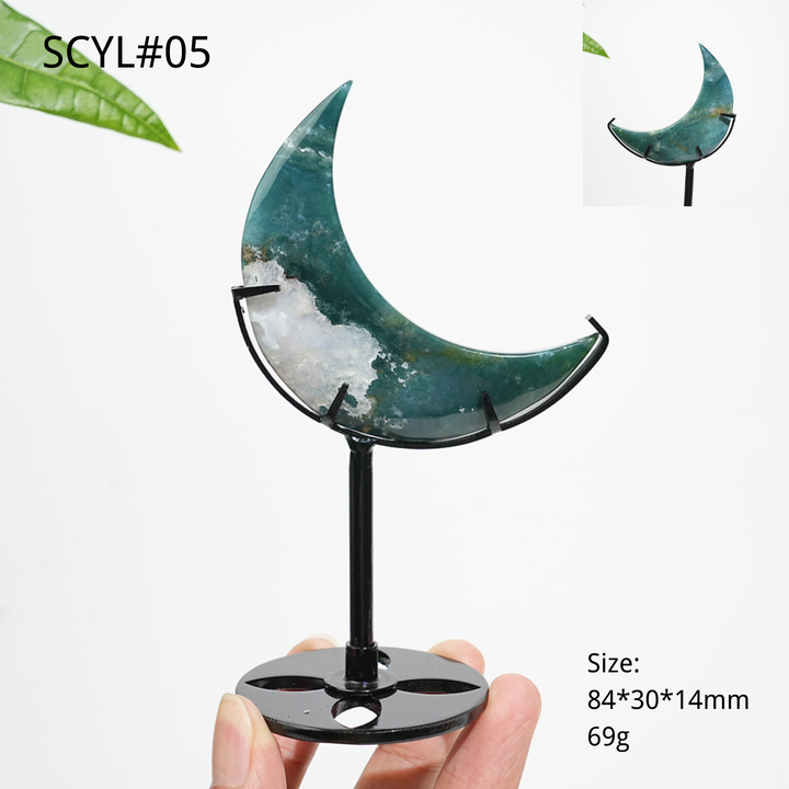 Unique,Natural Crystal Moss Agate Moon With Stand