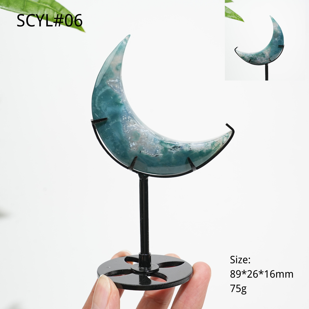 Unique,Natural Crystal Moss Agate Moon With Stand