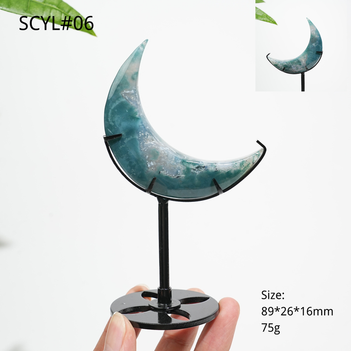 Unique,Natural Crystal Moss Agate Moon With Stand