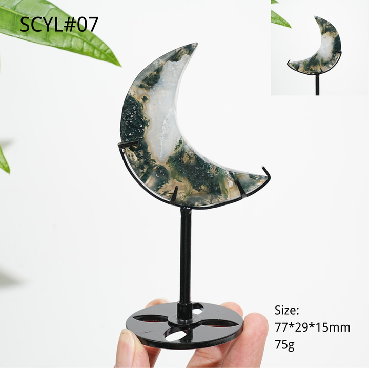 Unique,Natural Crystal Moss Agate Moon With Stand