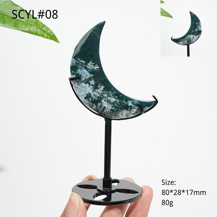 Unique,Natural Crystal Moss Agate Moon With Stand