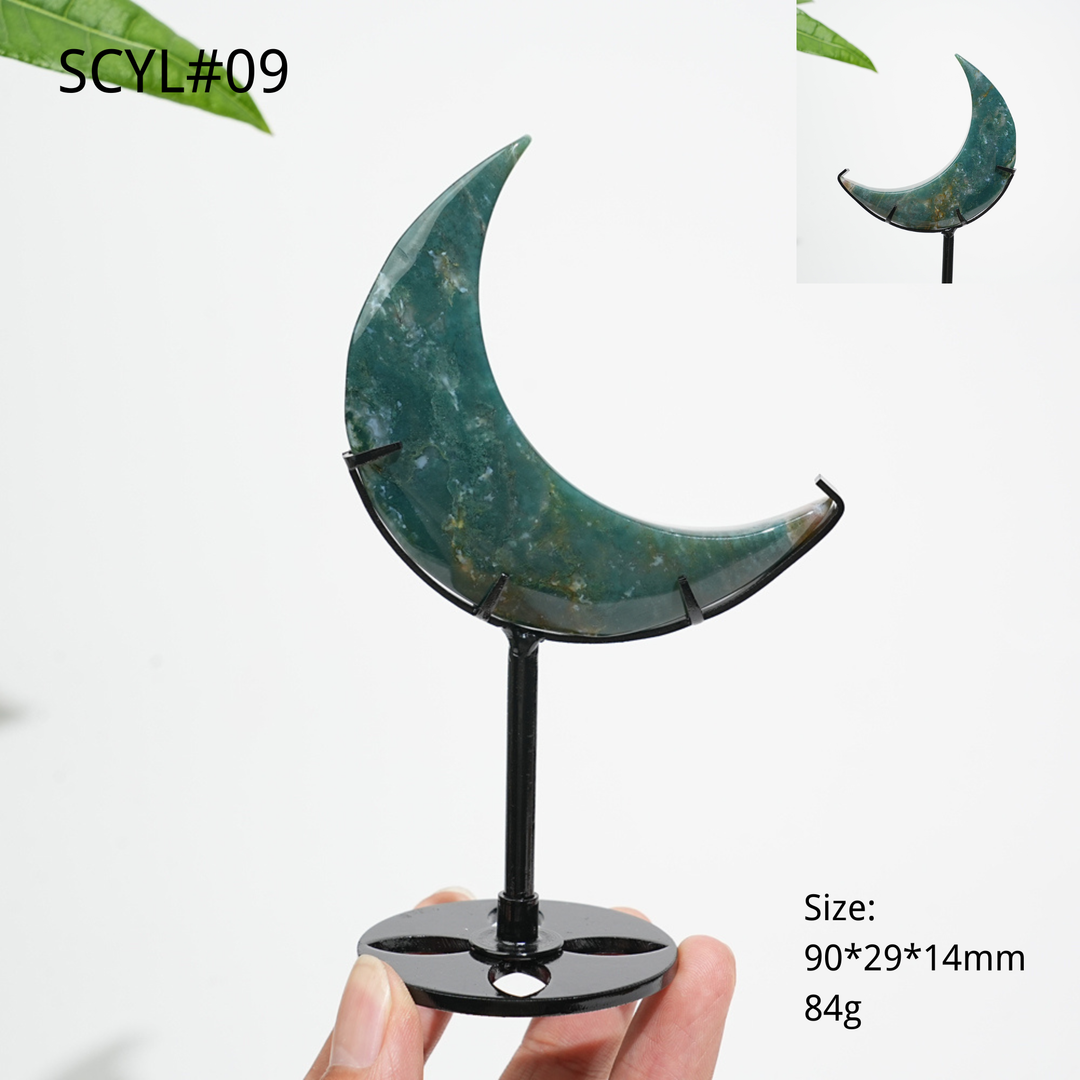 Unique,Natural Crystal Moss Agate Moon With Stand