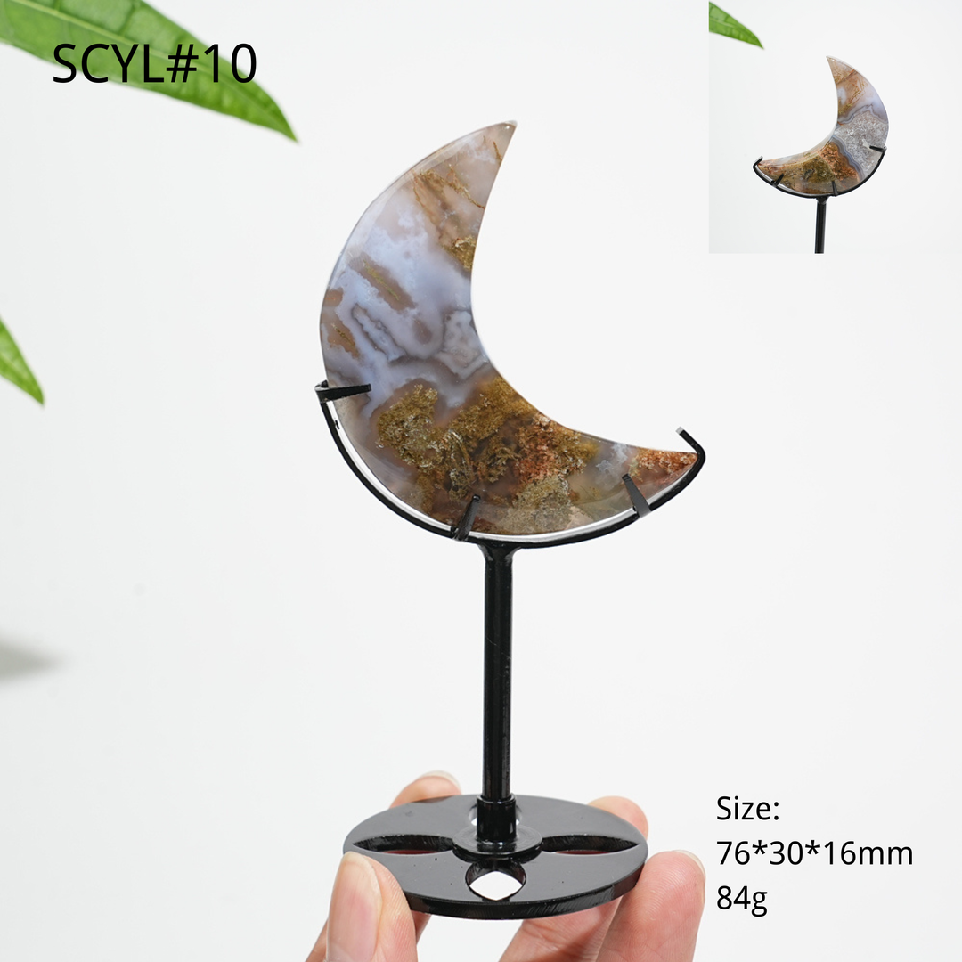 Unique,Natural Crystal Moss Agate Moon With Stand