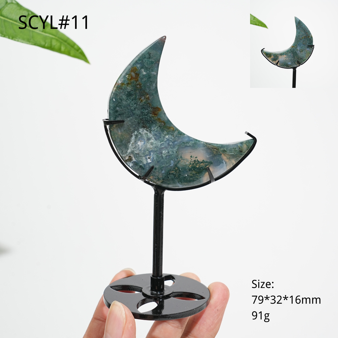 Unique,Natural Crystal Moss Agate Moon With Stand