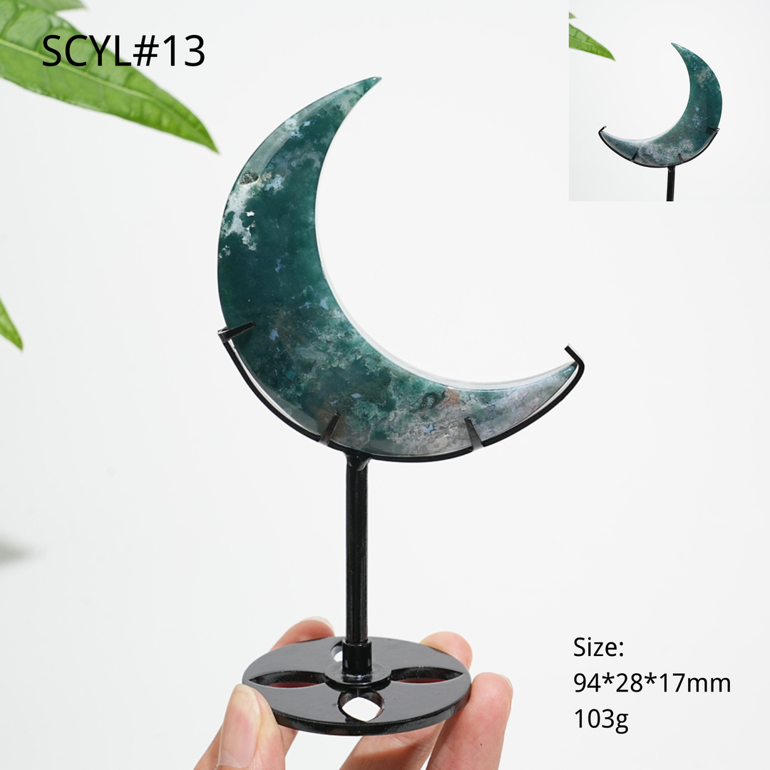 Unique,Natural Crystal Moss Agate Moon With Stand