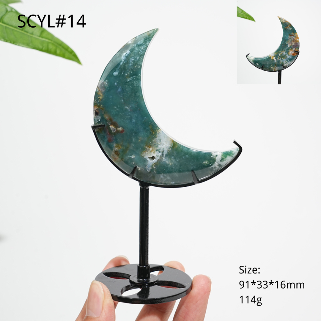 Unique,Natural Crystal Moss Agate Moon With Stand