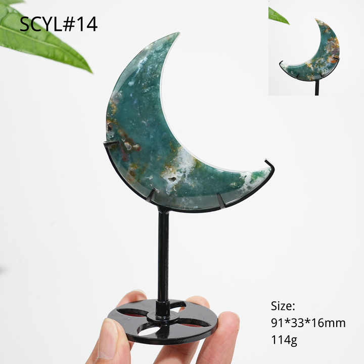 Unique,Natural Crystal Moss Agate Moon With Stand