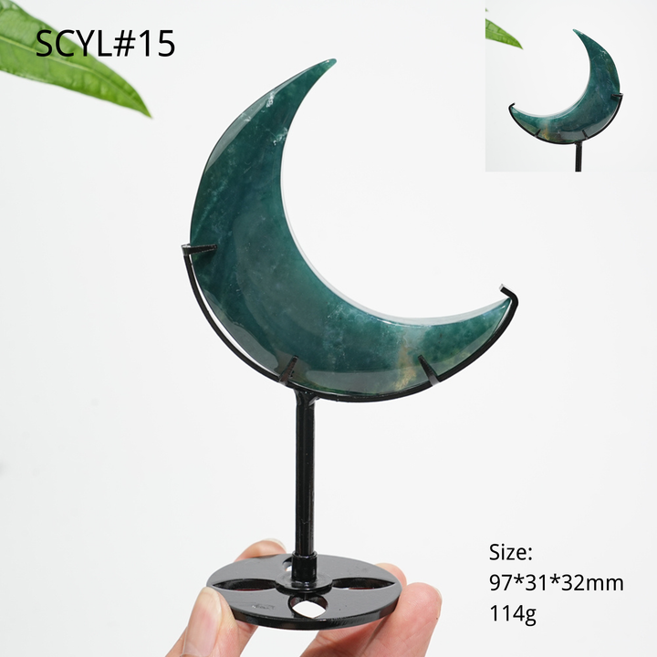 Unique,Natural Crystal Moss Agate Moon With Stand