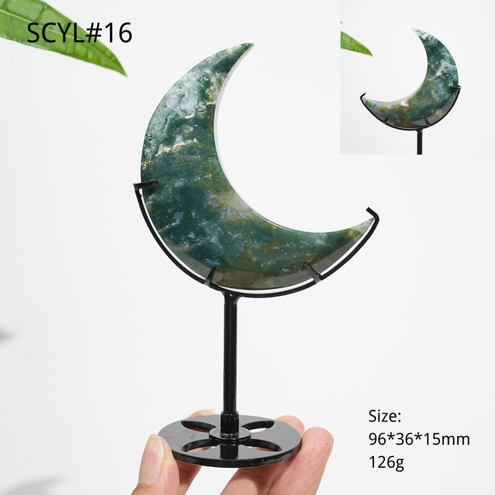Unique,Natural Crystal Moss Agate Moon With Stand