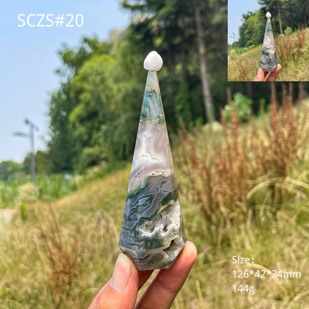 Unique,Natural Moss Agate Diamond Tower Crystal