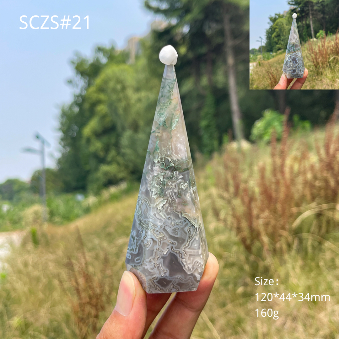 Unique,Natural Moss Agate Diamond Tower Crystal