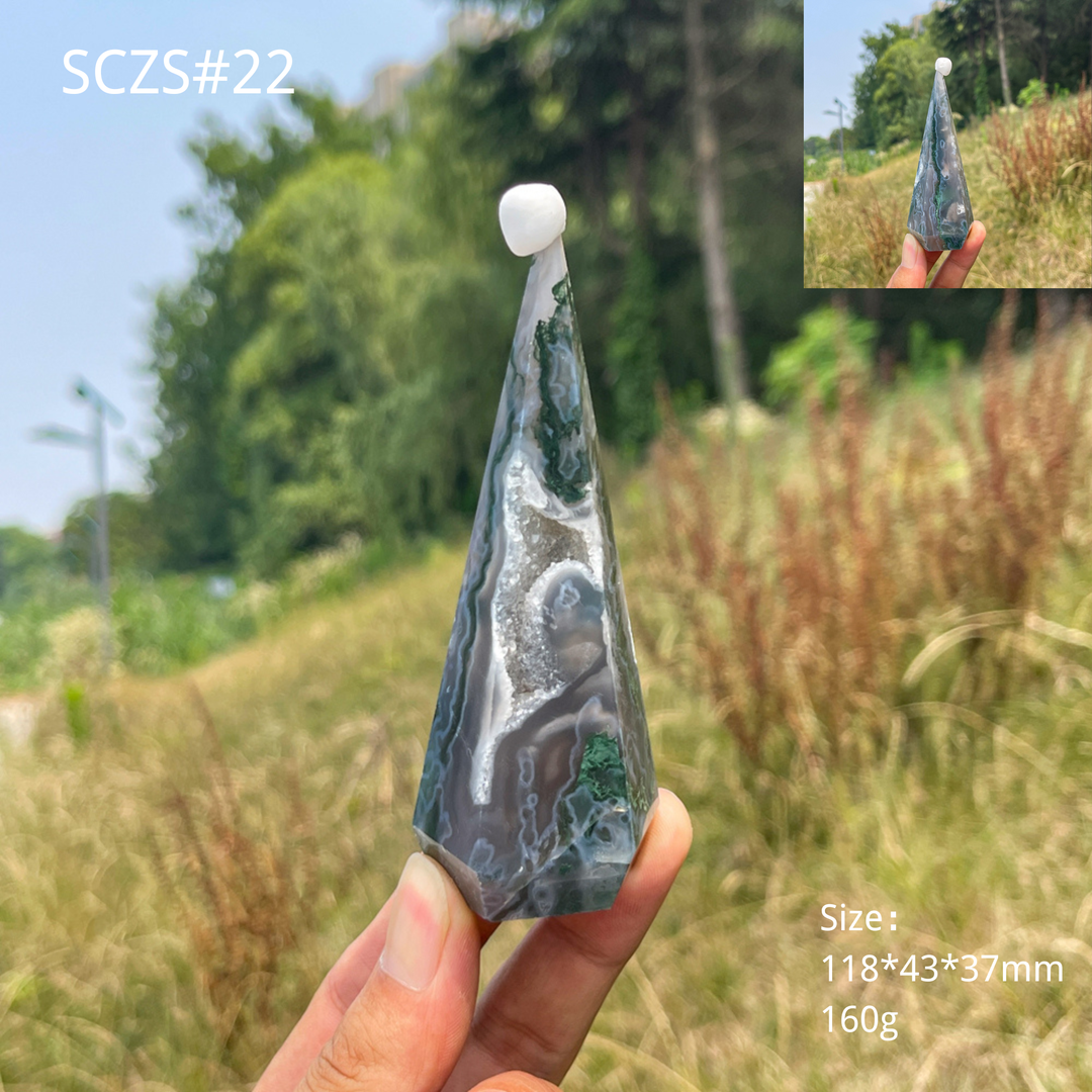 Unique,Natural Moss Agate Diamond Tower Crystal