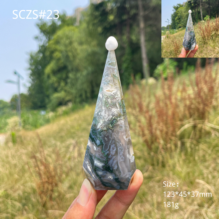 Unique,Natural Moss Agate Diamond Tower Crystal