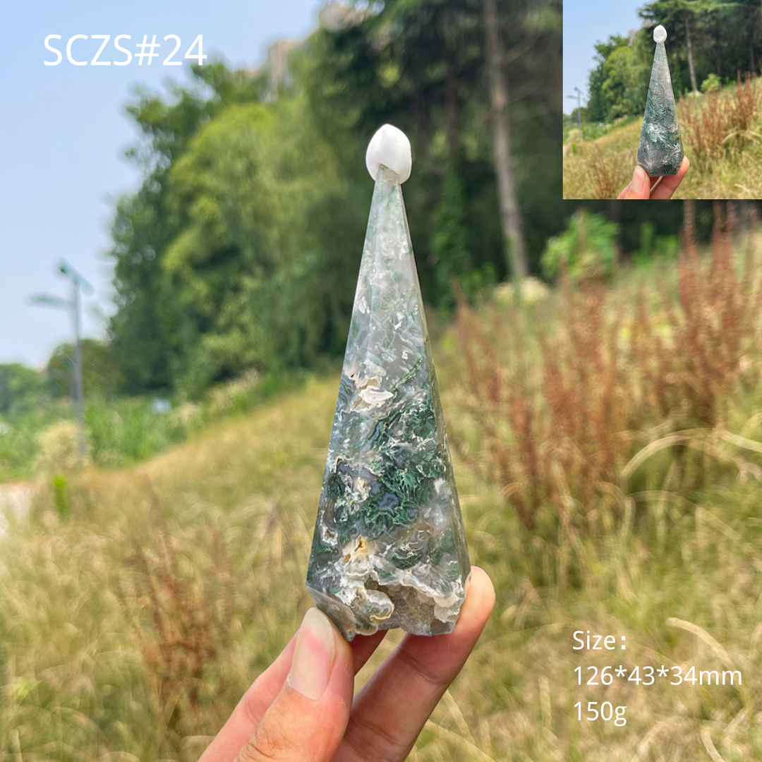 Unique,Natural Moss Agate Diamond Tower Crystal