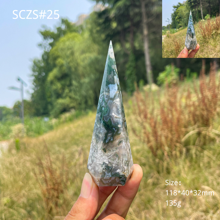 Unique,Natural Moss Agate Diamond Tower Crystal