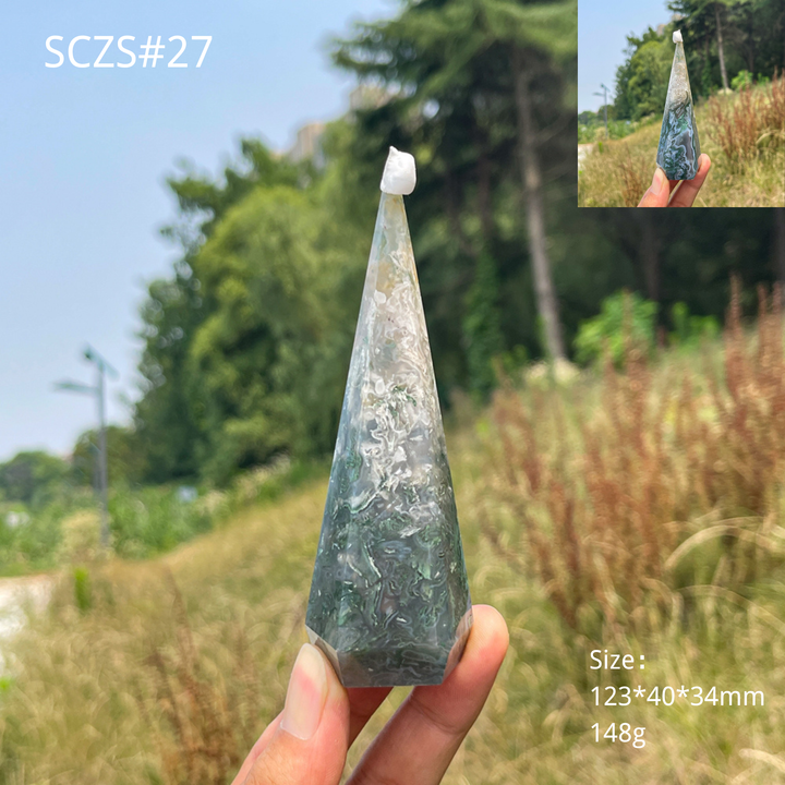 Unique,Natural Moss Agate Diamond Tower Crystal