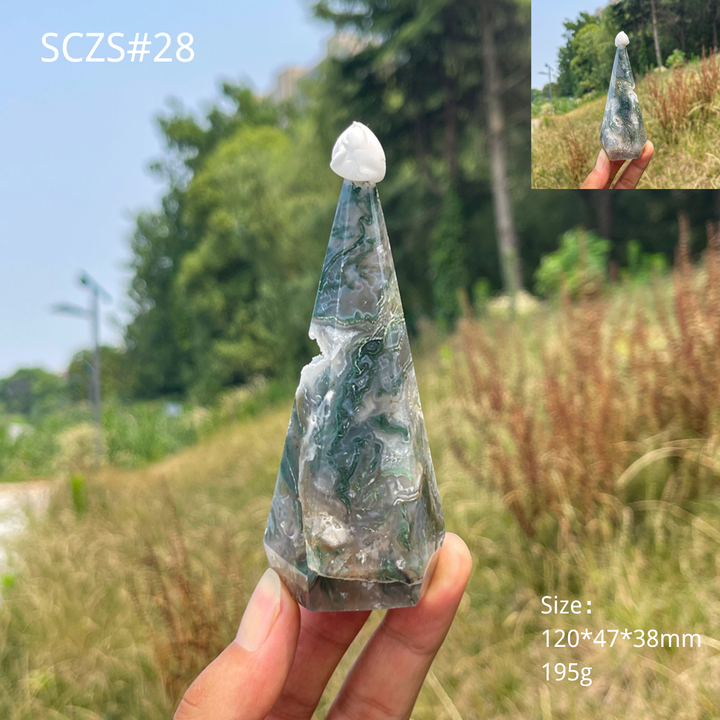 Unique,Natural Moss Agate Diamond Tower Crystal