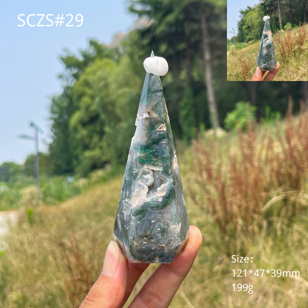 Unique,Natural Moss Agate Diamond Tower Crystal