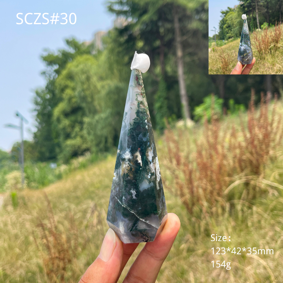 Unique,Natural Moss Agate Diamond Tower Crystal