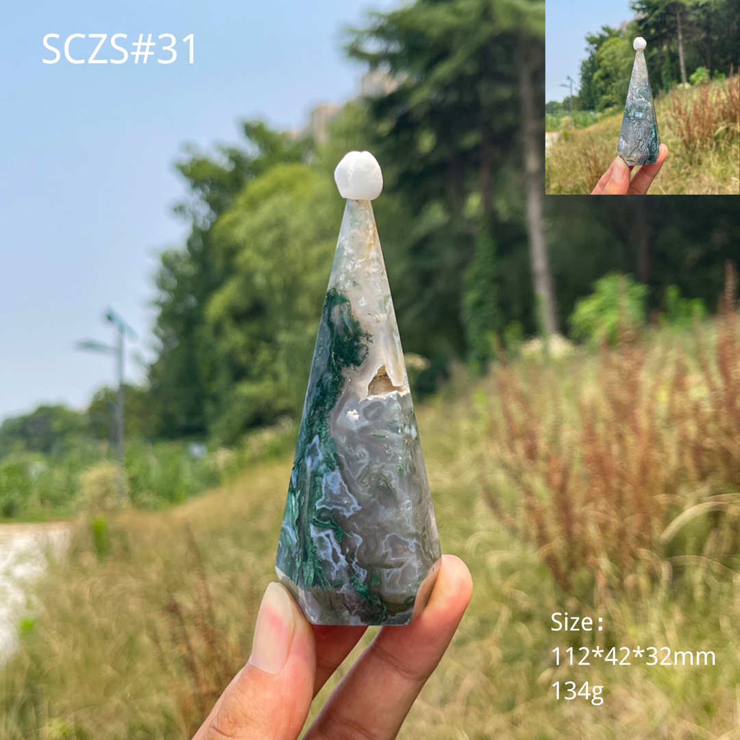 Unique,Natural Moss Agate Diamond Tower Crystal