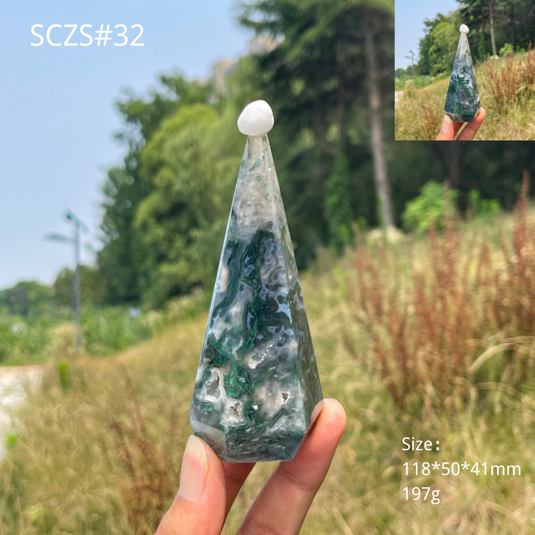 Unique,Natural Moss Agate Diamond Tower Crystal