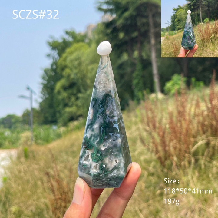 Unique,Natural Moss Agate Diamond Tower Crystal