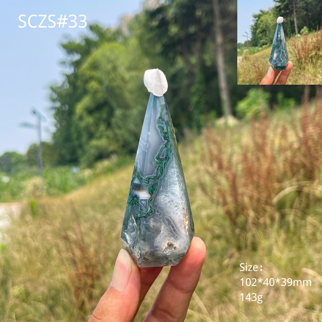 Unique,Natural Moss Agate Diamond Tower Crystal