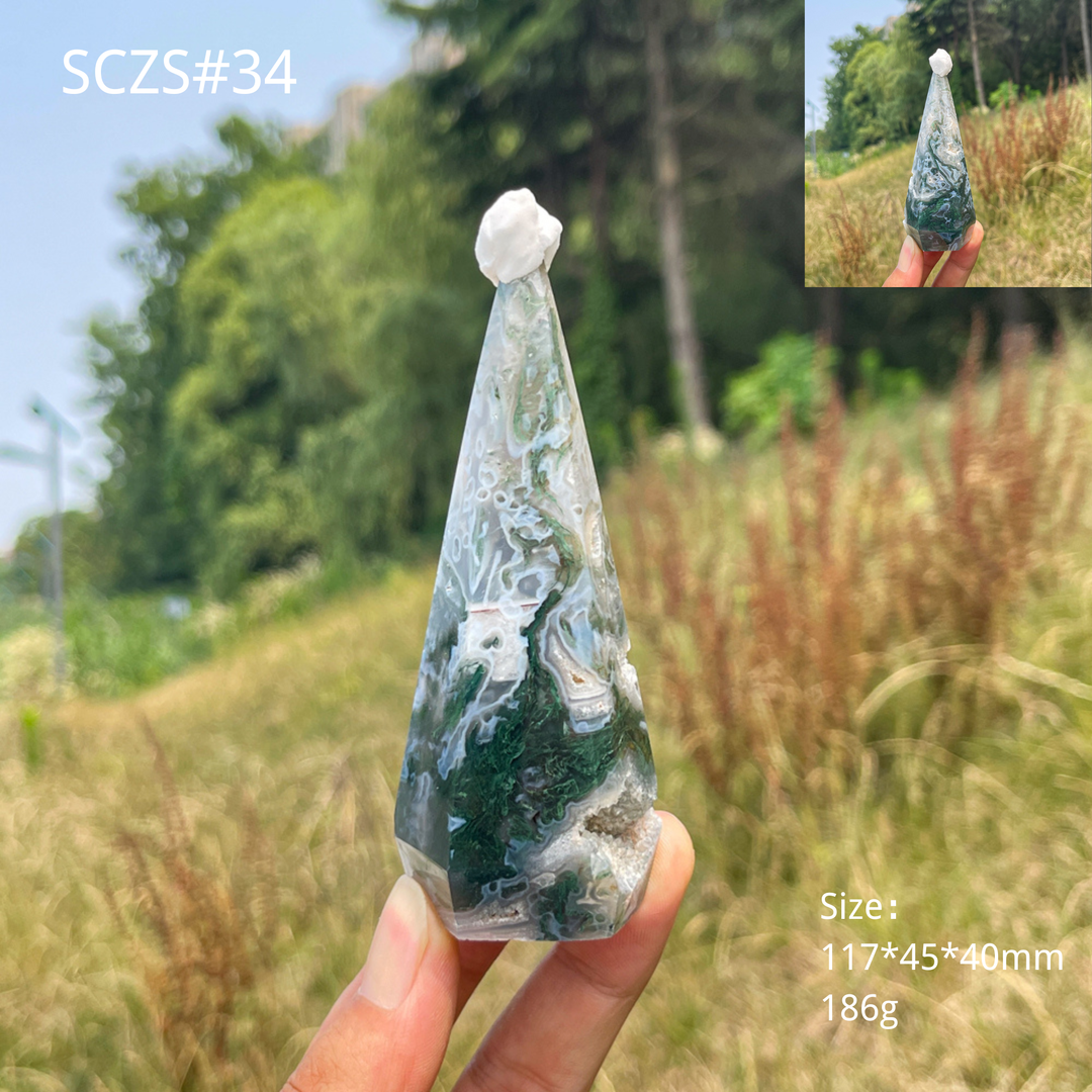 Unique,Natural Moss Agate Diamond Tower Crystal