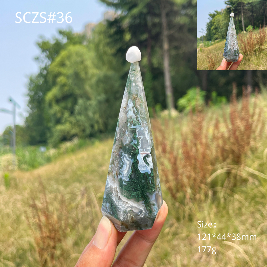 Unique,Natural Moss Agate Diamond Tower Crystal