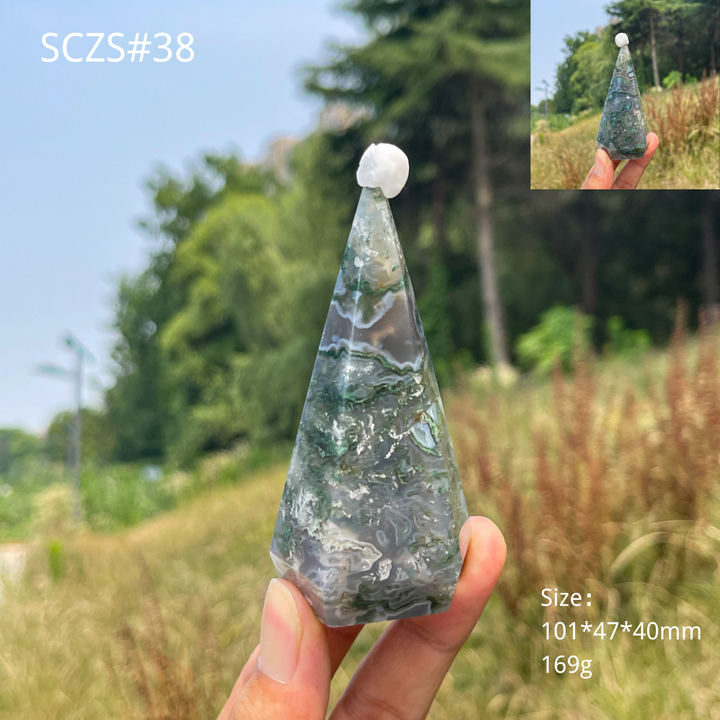 Unique,Natural Moss Agate Diamond Tower Crystal