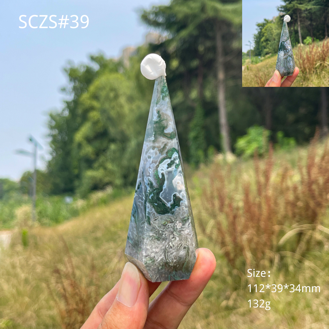 Unique,Natural Moss Agate Diamond Tower Crystal