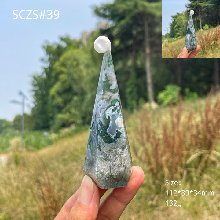 Unique,Natural Moss Agate Diamond Tower Crystal