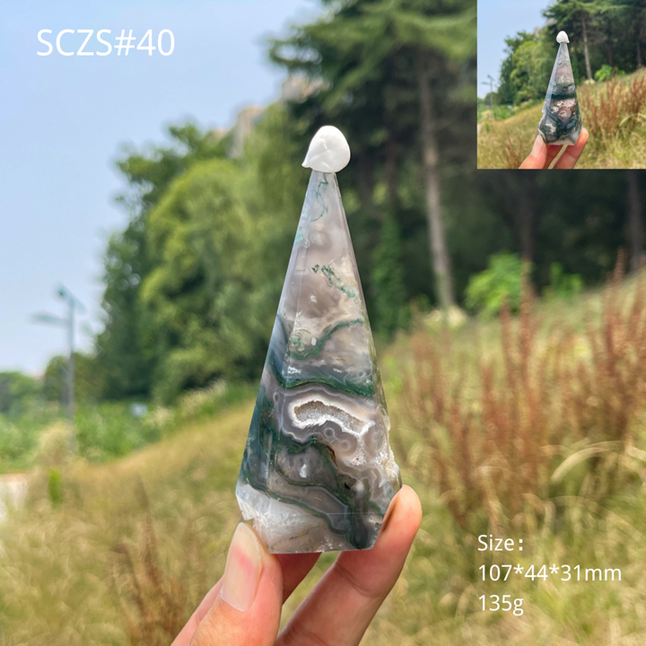 Unique,Natural Moss Agate Diamond Tower Crystal
