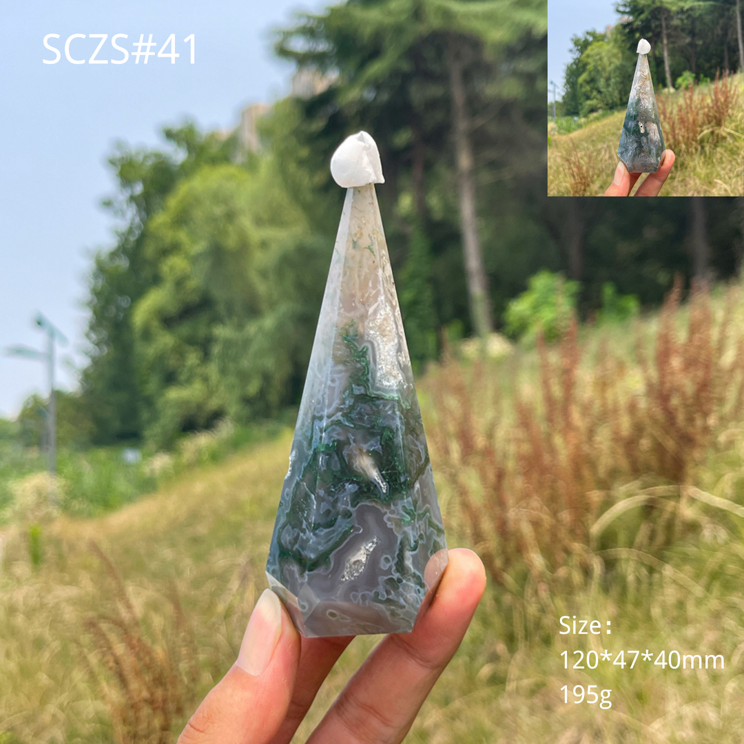 Unique,Natural Moss Agate Diamond Tower Crystal
