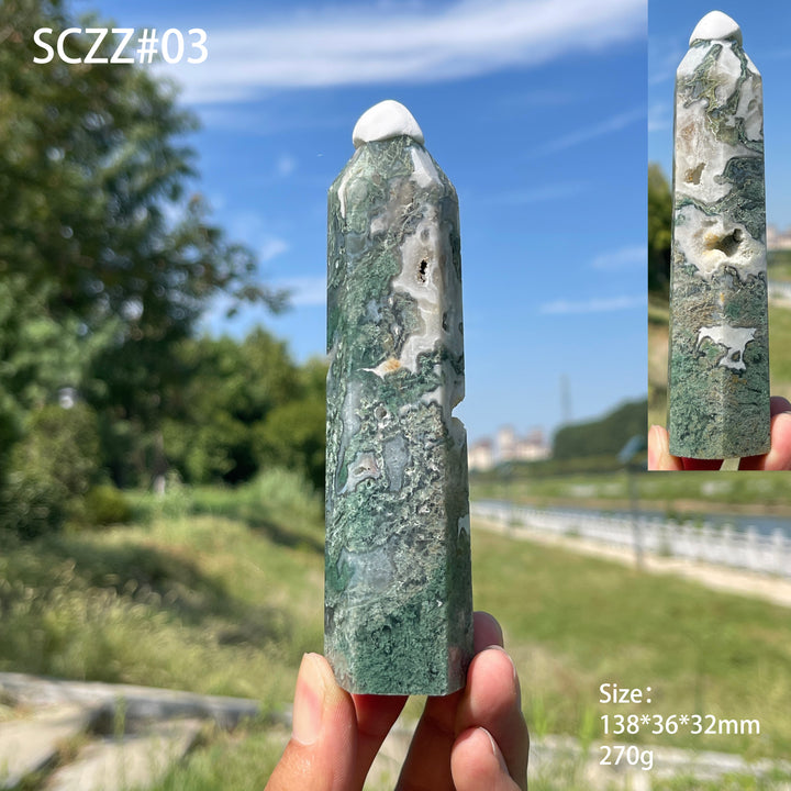 Unique,Natural Crystal Delicate Moss Agate Point