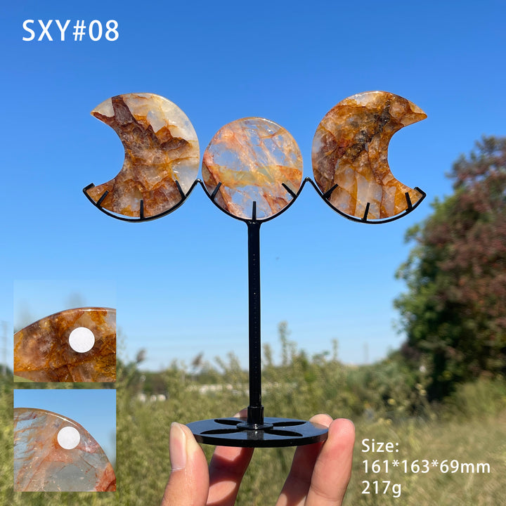 Unique,A Slightly Imperfect Natural Crystal Triple Moon With Stand