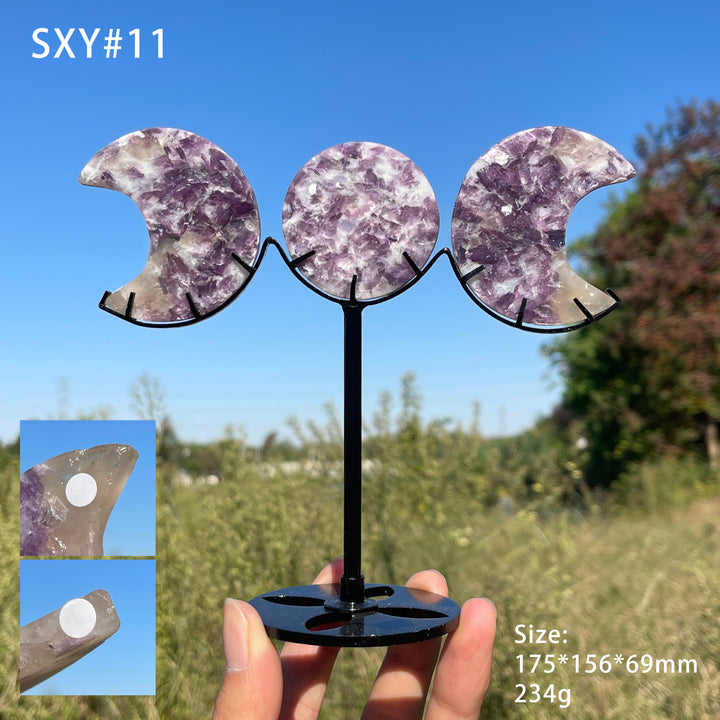 Unique,A Slightly Imperfect Natural Crystal Triple Moon With Stand