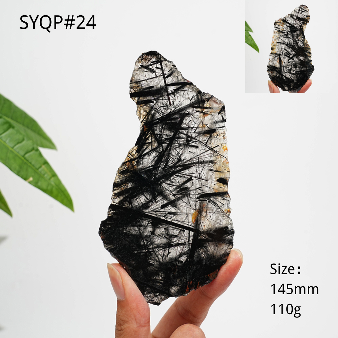 Unique,Natural Crystal Black Tourmaline In Quartz Slice