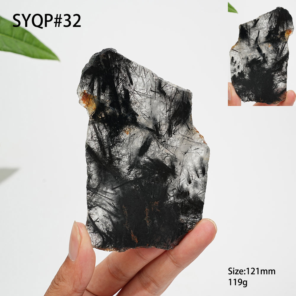 Unique,Natural Crystal Black Tourmaline In Quartz Slice
