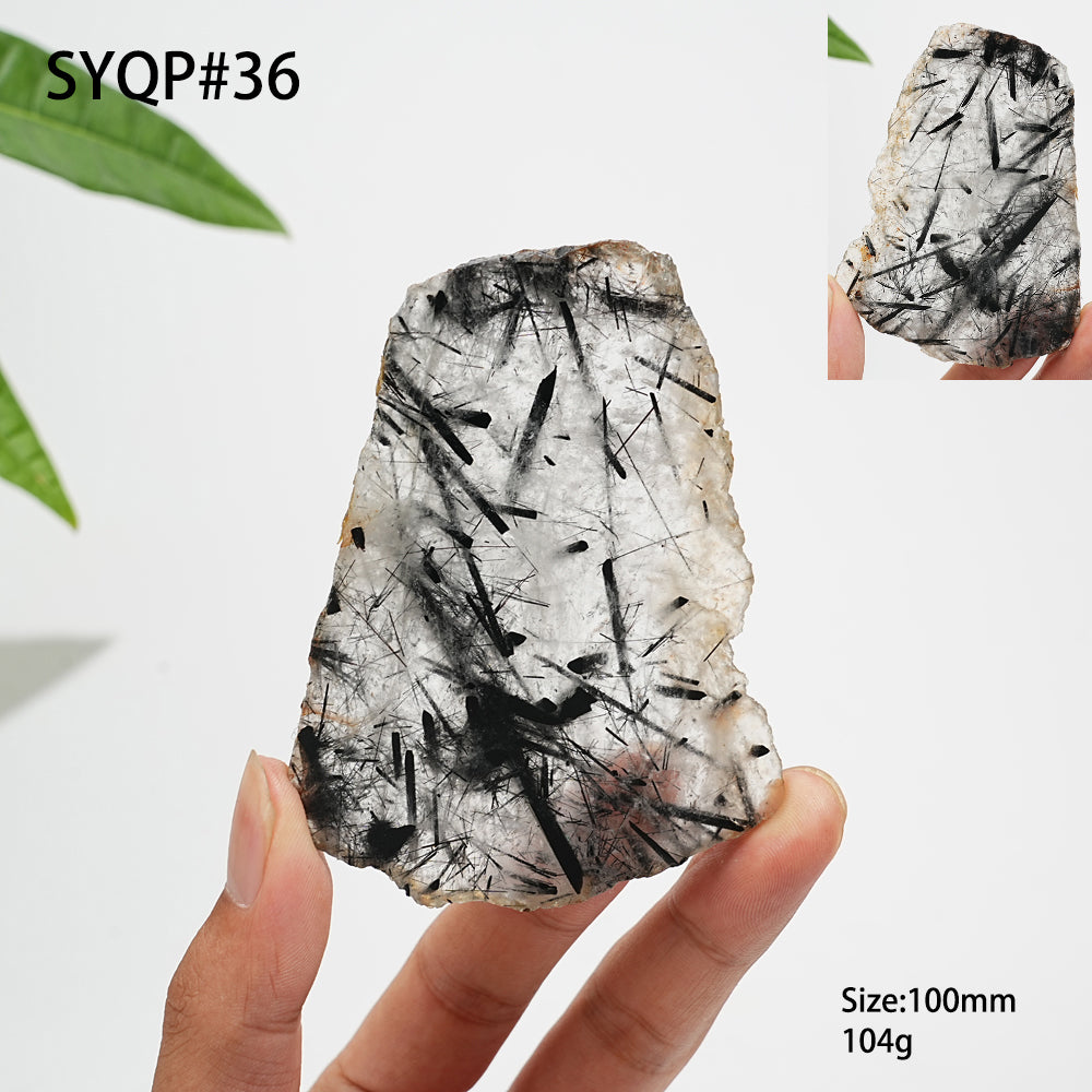 Unique,Natural Crystal Black Tourmaline In Quartz Slice