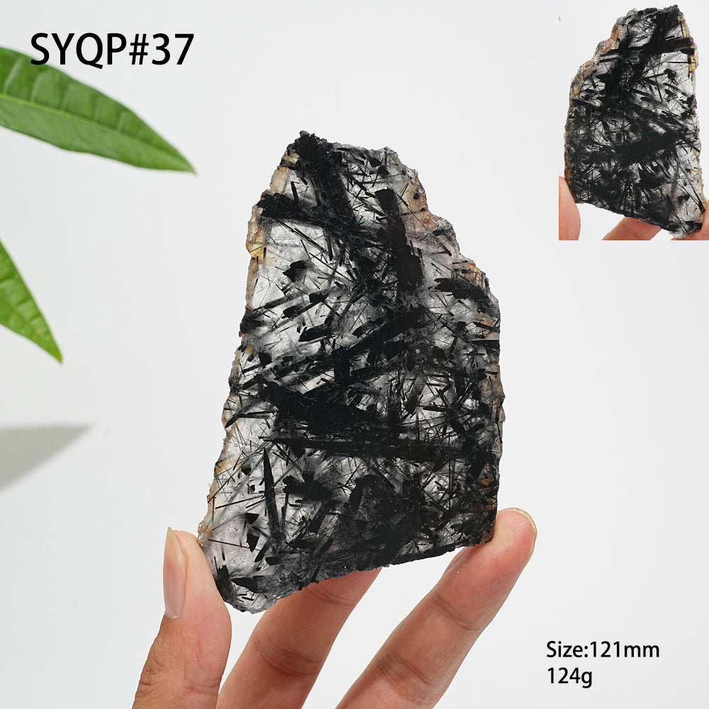 Unique,Natural Crystal Black Tourmaline In Quartz Slice