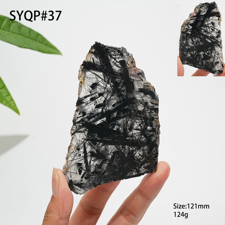 Unique,Natural Crystal Black Tourmaline In Quartz Slice