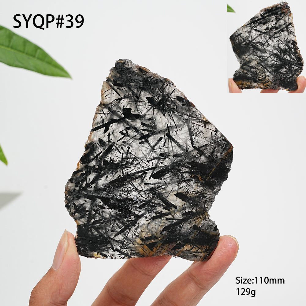 Unique,Natural Crystal Black Tourmaline In Quartz Slice