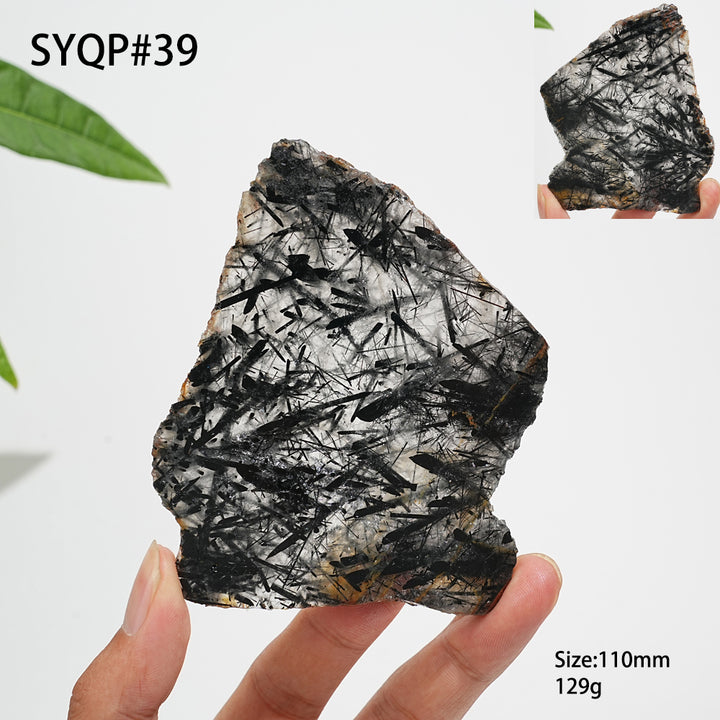 Unique,Natural Crystal Black Tourmaline In Quartz Slice