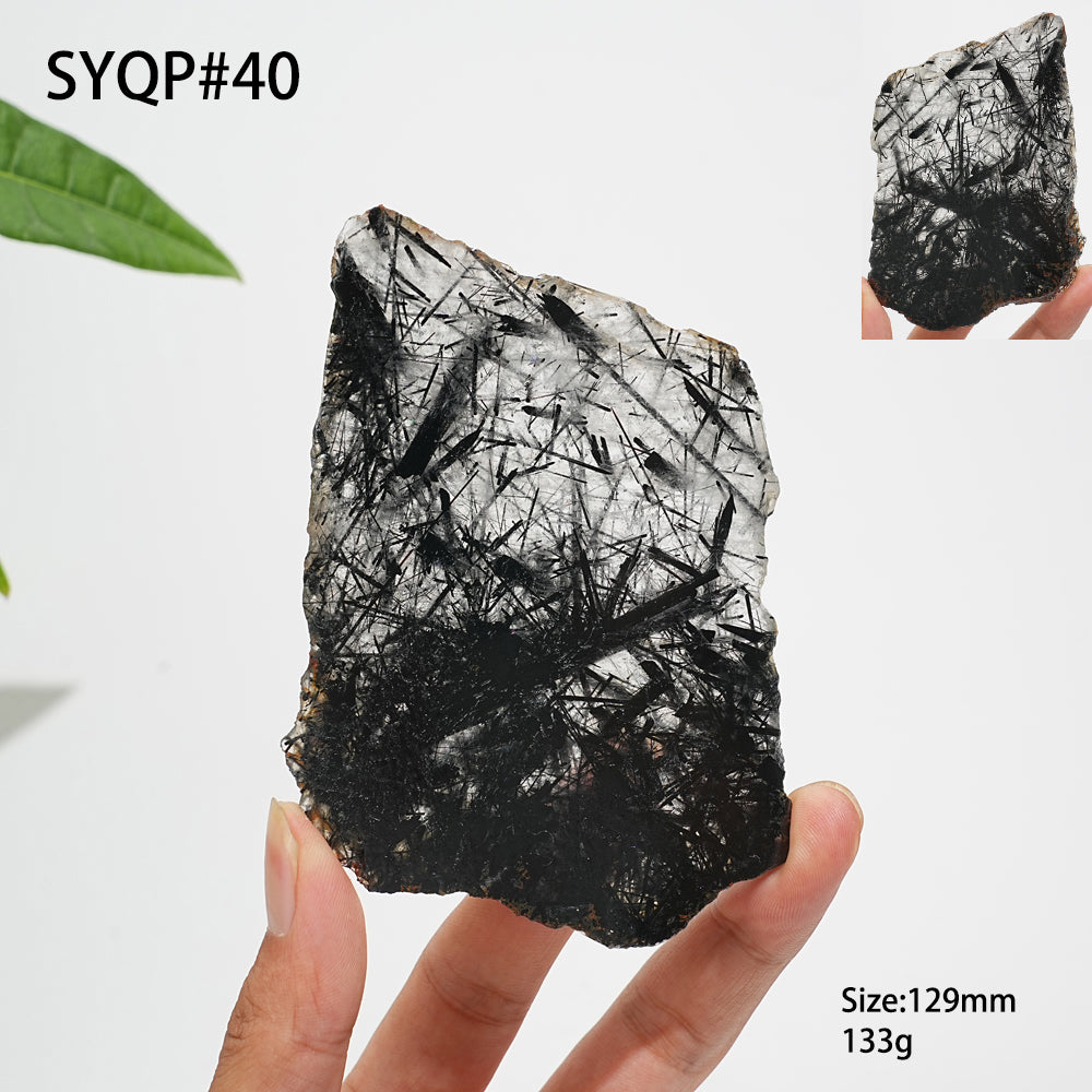 Unique,Natural Crystal Black Tourmaline In Quartz Slice